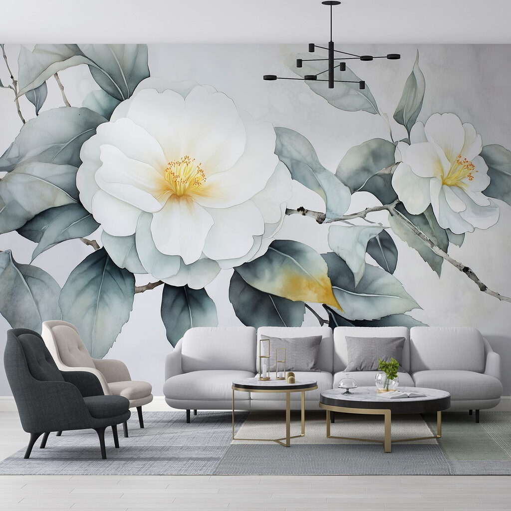 White flower with green leaves