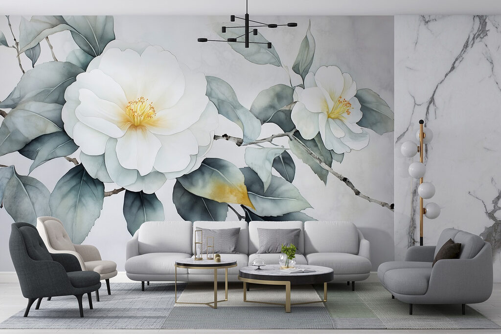 White flower with green leaves