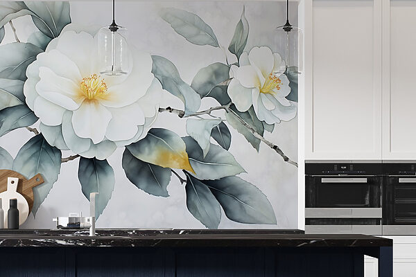 White flower with green leaves