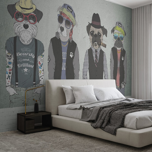 Gruppo di cani che indossano cappelli e occhiali da sole Gruppo di cani che indossano cappelli e occhiali da sole