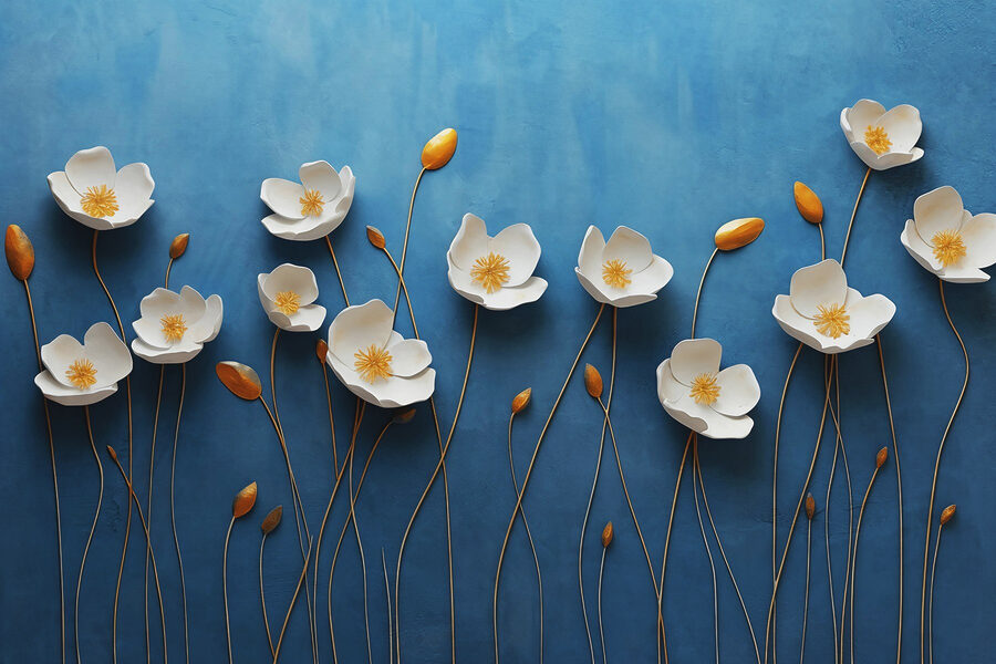 Carta da parati Gruppo di fiori bianchi su sfondo blu - immagine 4