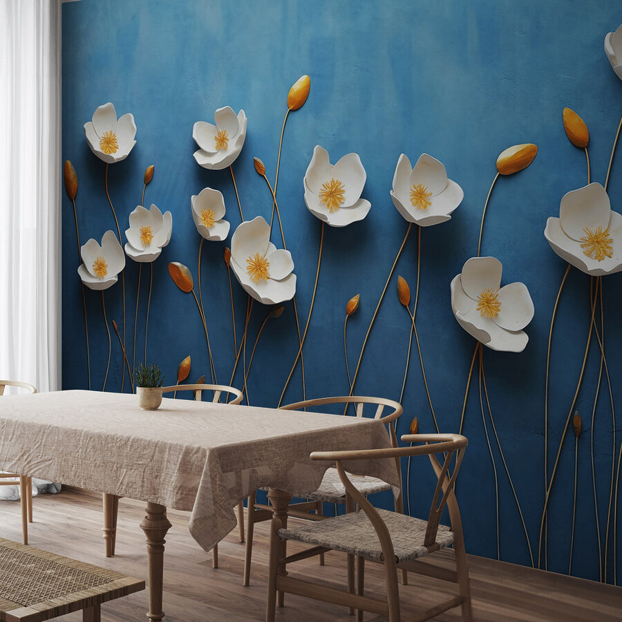 Carta da parati Gruppo di fiori bianchi su sfondo blu - immagine 3