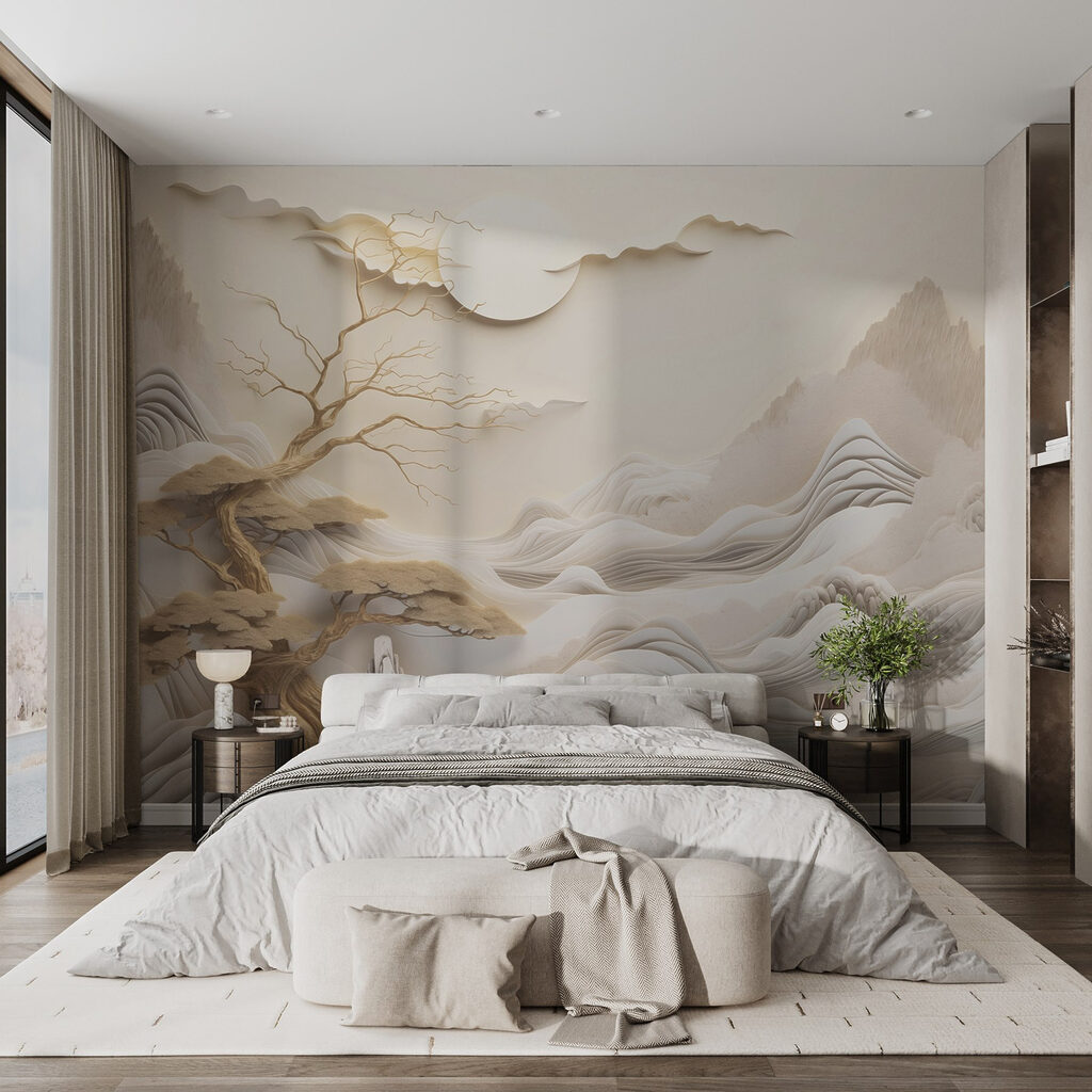 Tree and mountains with clouds and sun Tree and mountains with clouds and sun