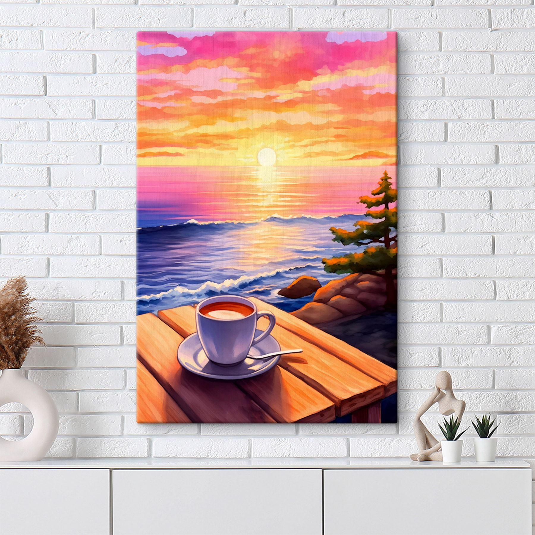 Cup of coffee on a table overlooking a body of water