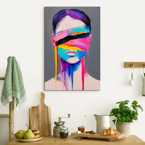 Painting of a woman with colorful paint on her face Painting of a woman with colorful paint on her face