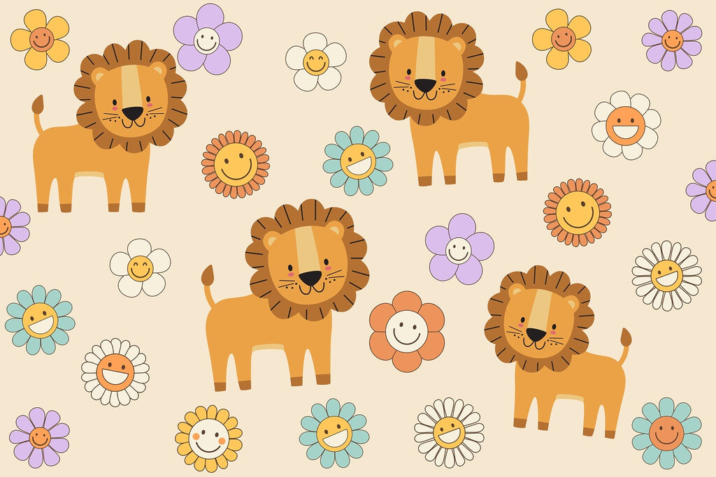 Gruppo di leoni e fiori dei cartoni animati Gruppo di leoni e fiori dei cartoni animati