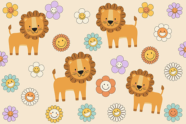 Gruppo di leoni e fiori dei cartoni animati Gruppo di leoni e fiori dei cartoni animati