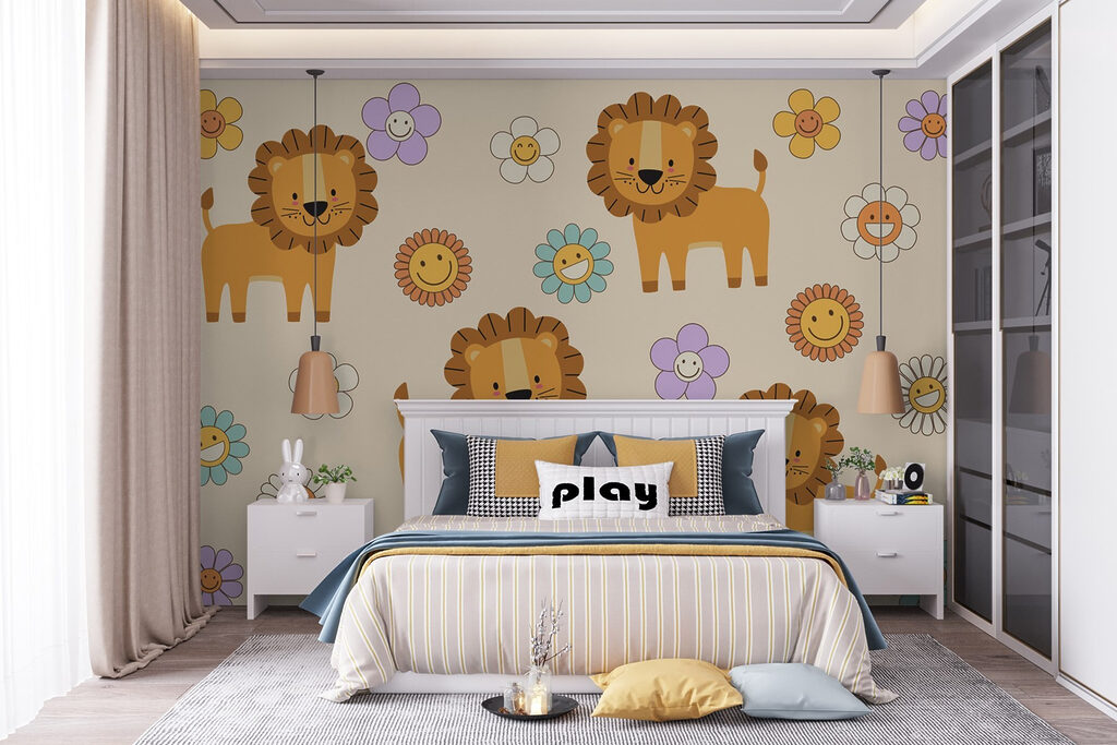 Group of cartoon lions and flowers