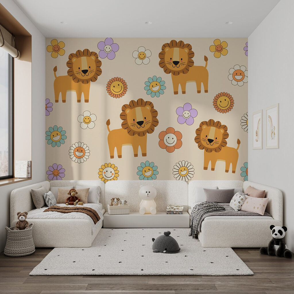 Group of cartoon lions and flowers