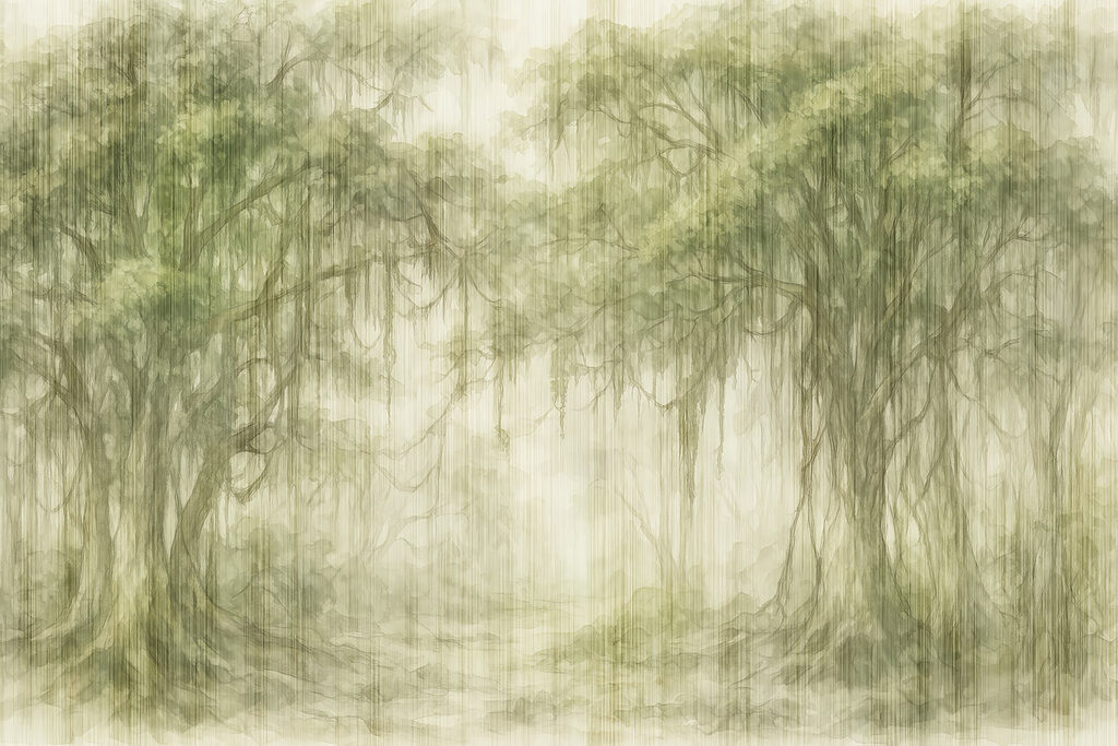 Pittura di alberi in una foresta nebbiosa Pittura di alberi in una foresta nebbiosa