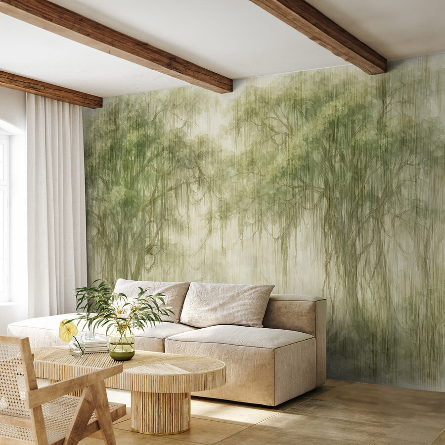 Pittura di alberi in una foresta nebbiosa Pittura di alberi in una foresta nebbiosa
