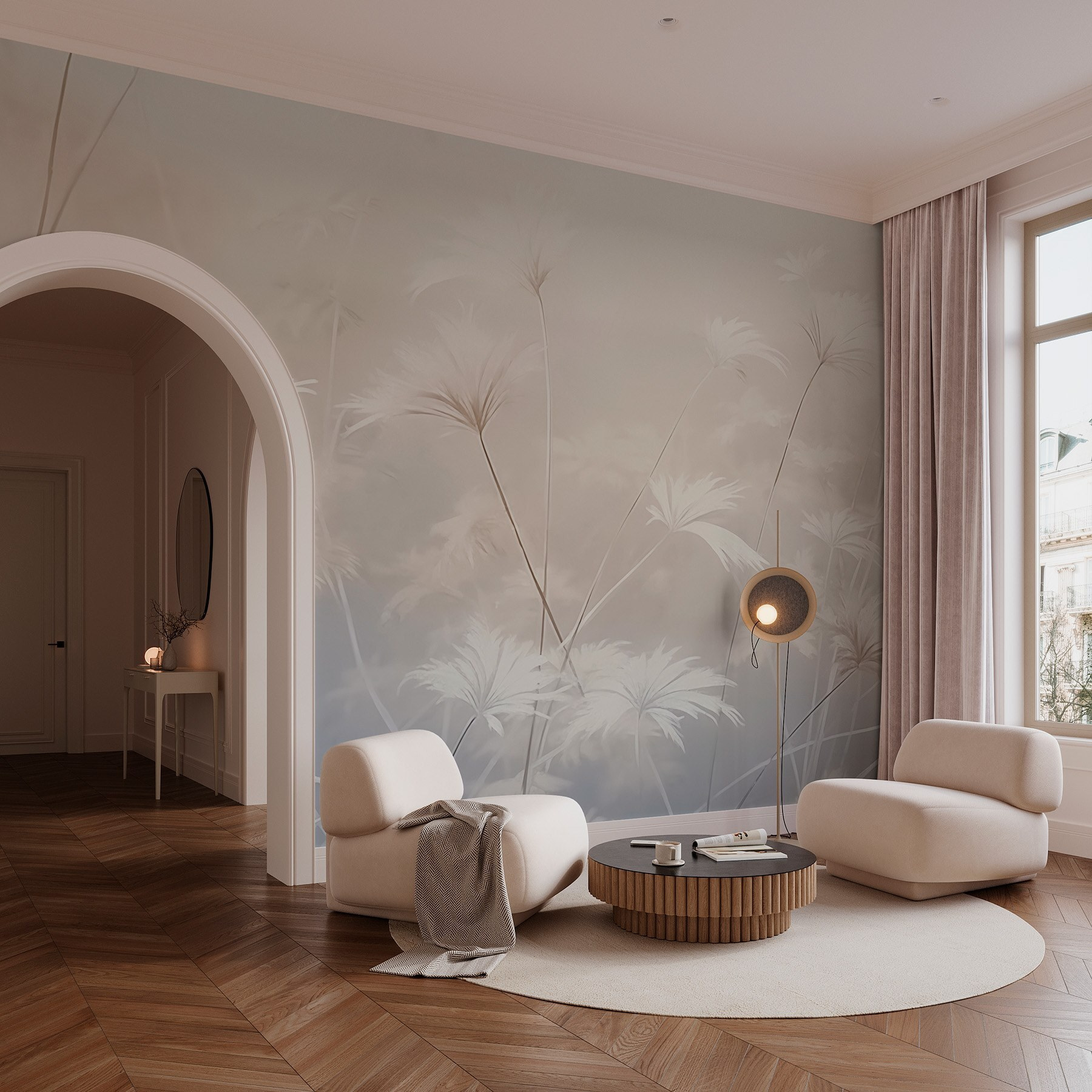 White flowers in a foggy environment