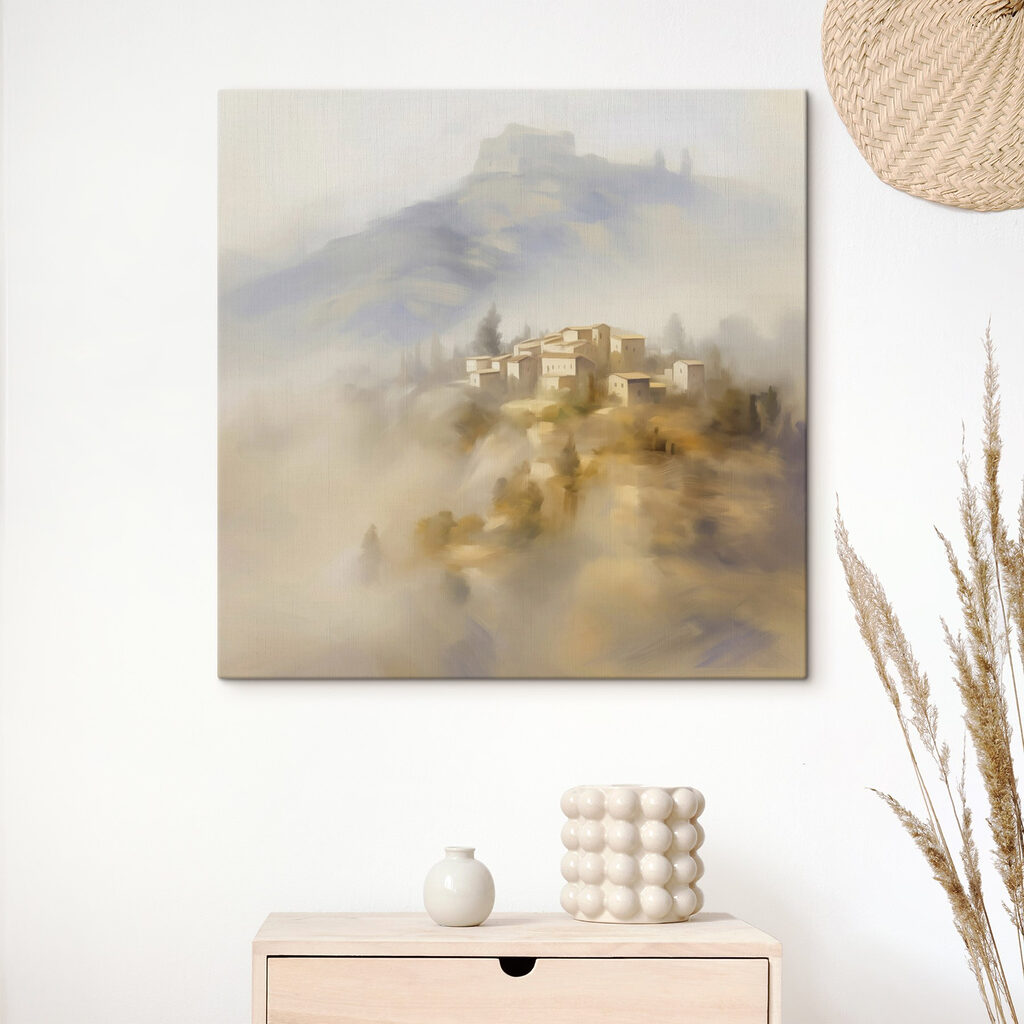 Painting of a village on a hill Painting of a village on a hill