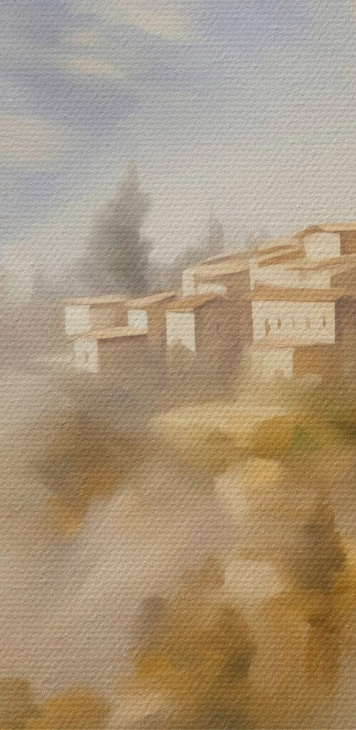 Painting of a village on a hill Painting of a village on a hill