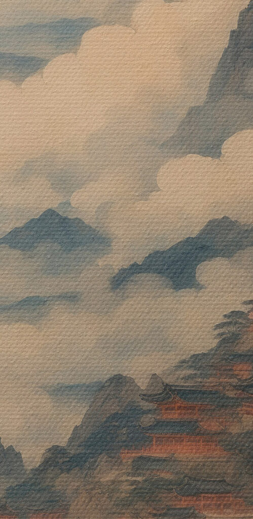 Painting of a temple on a mountain Painting of a temple on a mountain