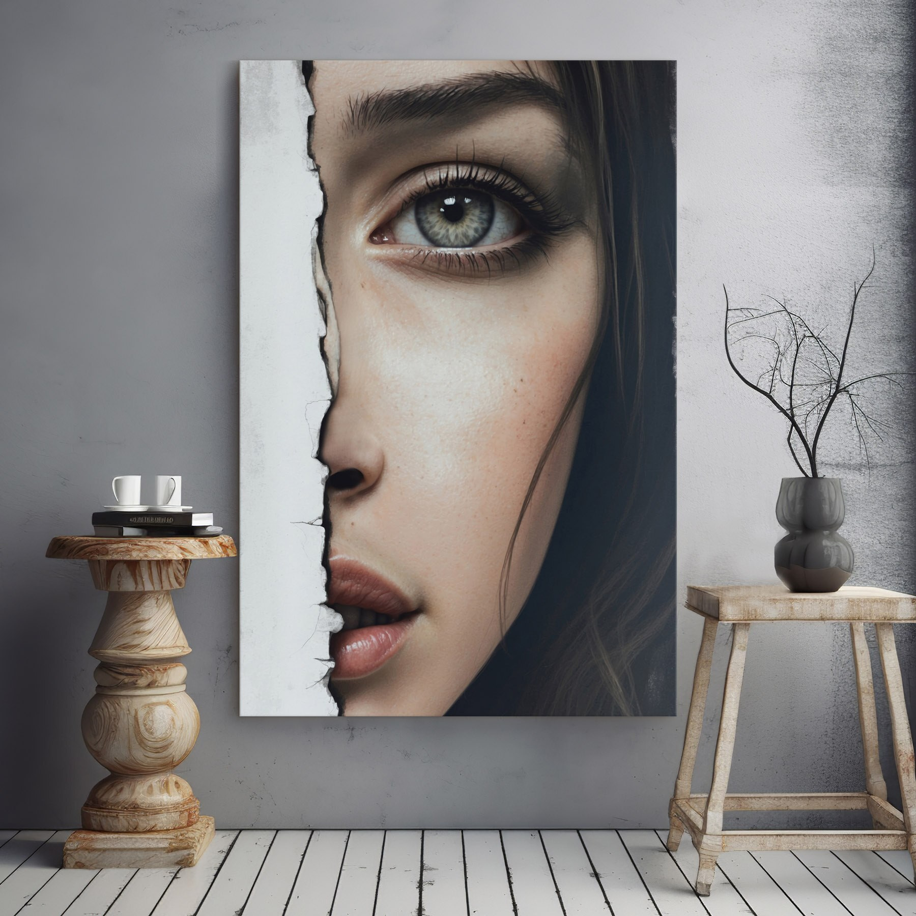 Woman's face with a torn paper