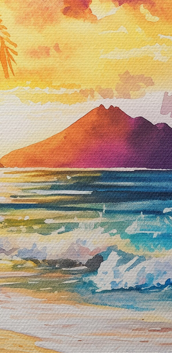 Watercolor painting of a beach with palm trees and waves