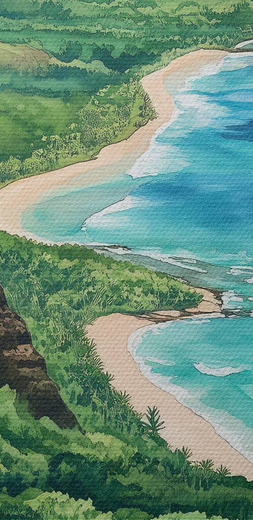 Watercolor painting of a beach and mountains Watercolor painting of a beach and mountains