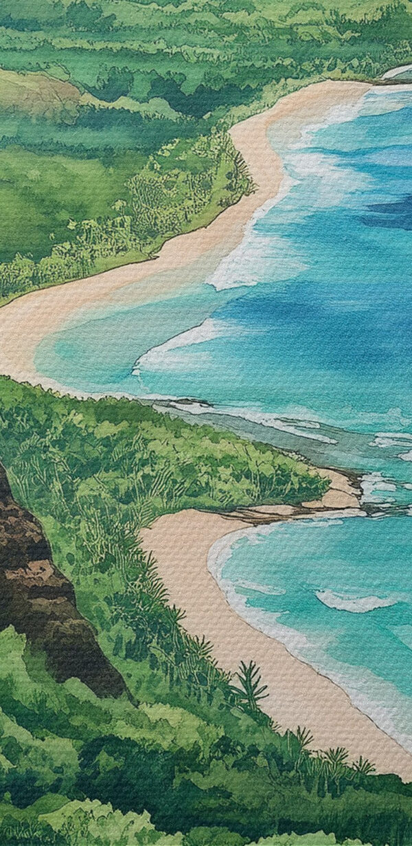 Watercolor painting of a beach and mountains Watercolor painting of a beach and mountains