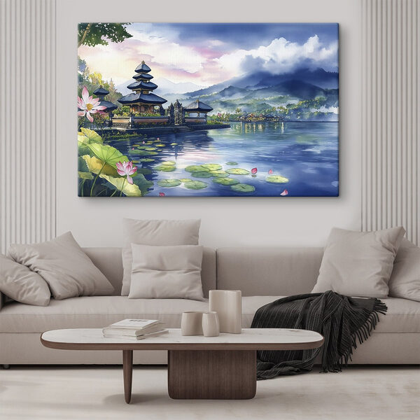 Quadri Quadri Acquerello raffigurante un lago con una pagoda e ninfee (COD: s44148)