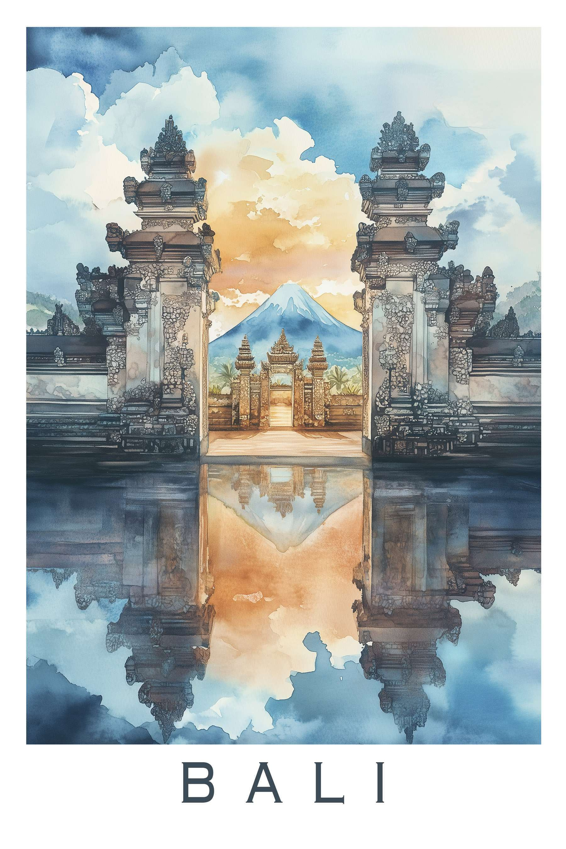 Watercolor painting of a temple with a mountain in the background Watercolor painting of a temple with a mountain in the background