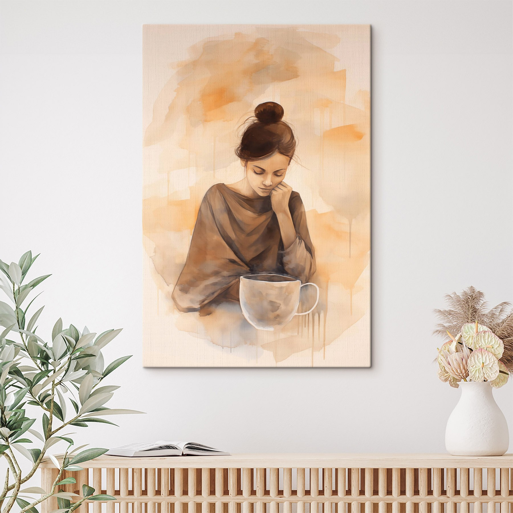 Woman with her hand on her face looking down at a cup of coffee Woman with her hand on her face looking down at a cup of coffee
