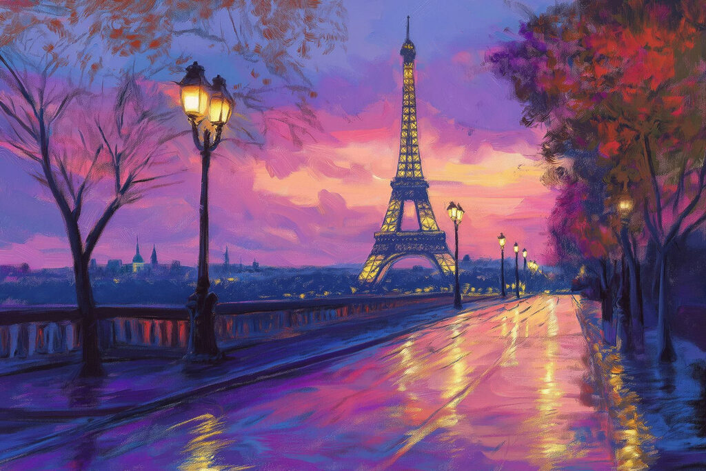 Street with a lit up tower in the distance