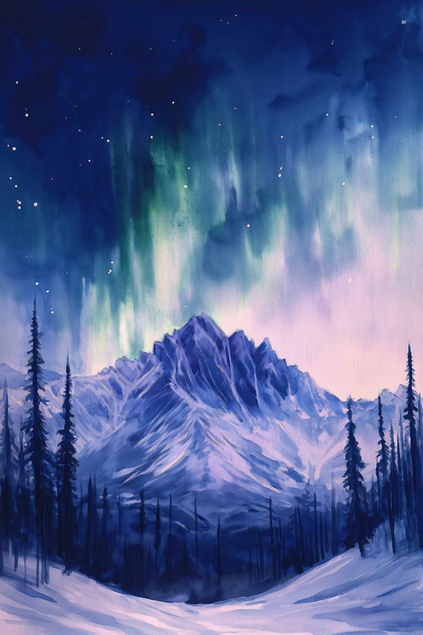 Painting of a mountain with trees and aurora borealis