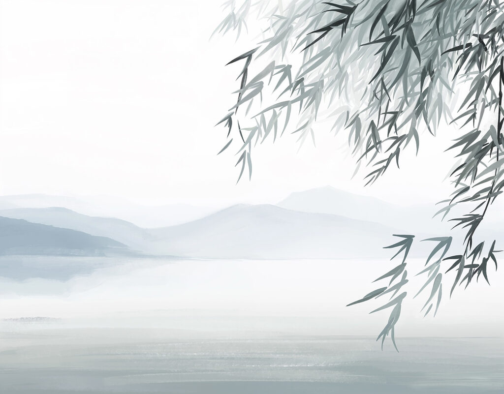 Acqua e alberi con montagne sullo sfondo Acqua e alberi con montagne sullo sfondo