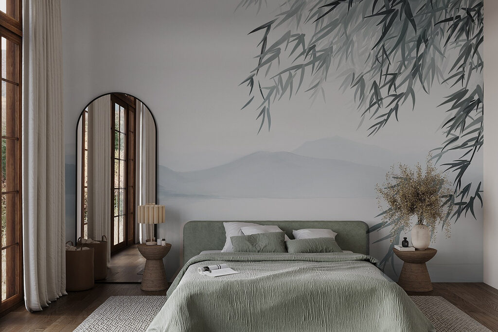 Water and trees with mountains in the background