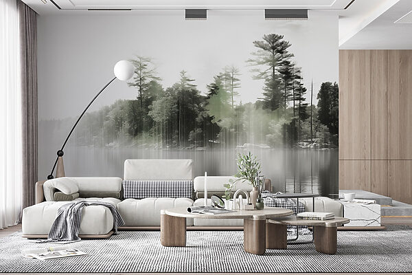Specchio d'acqua con alberi e nebbia Specchio d'acqua con alberi e nebbia
