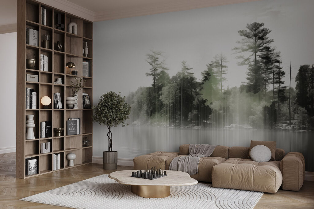 Body of water with trees and fog