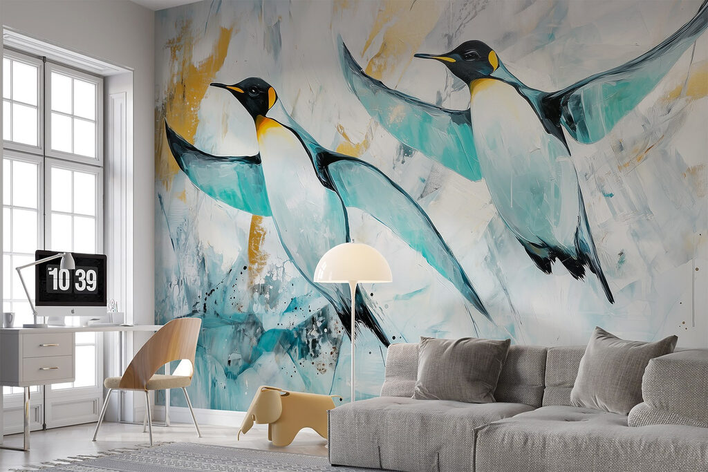 Painting of penguins flying