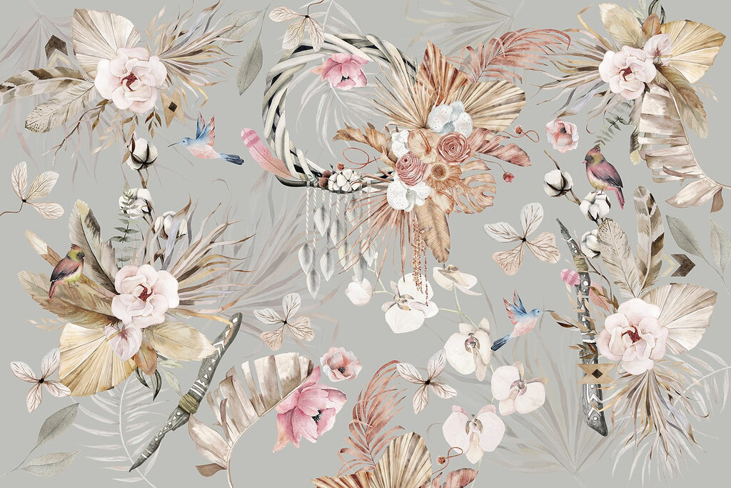 Carta da parati con fiori e piume Carta da parati con fiori e piume