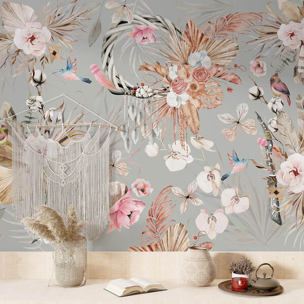 Carta da parati con fiori e piume Carta da parati con fiori e piume