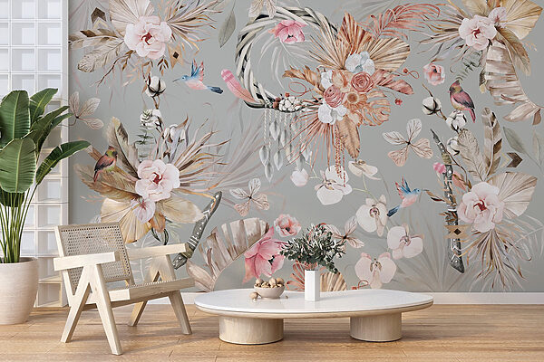 Carta da parati con fiori e piume Carta da parati con fiori e piume
