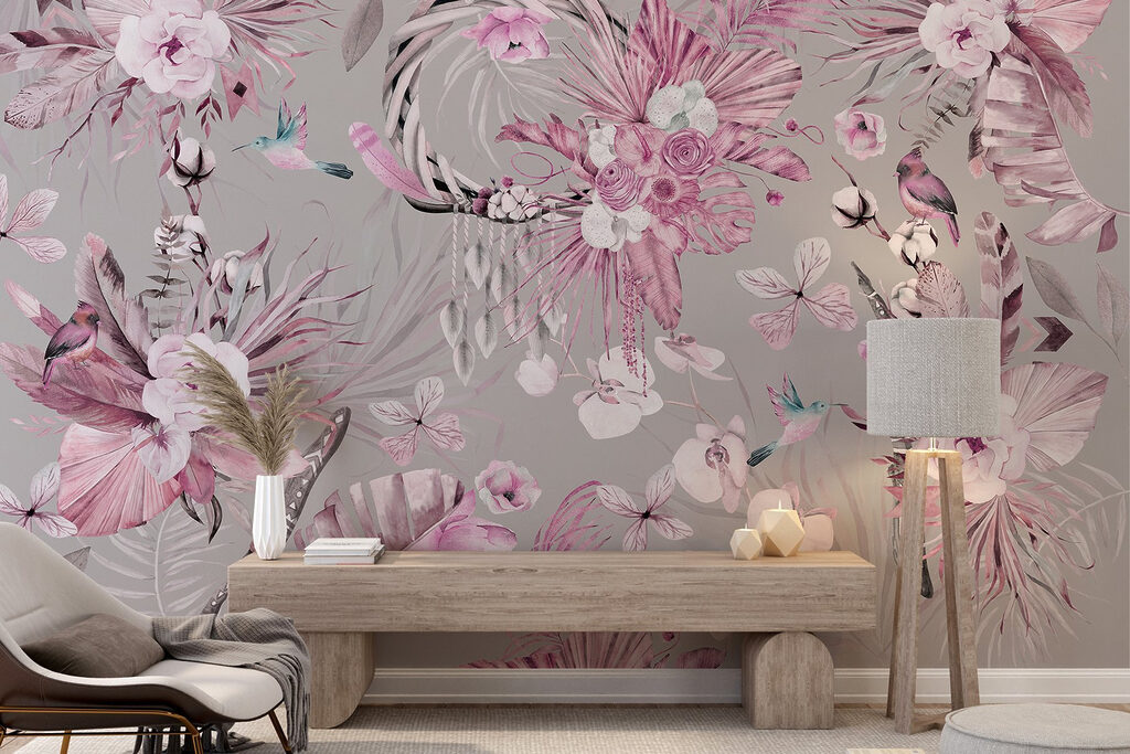 Wallpaper with flowers and feathers
