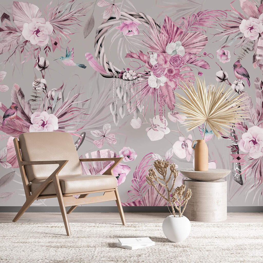 Wallpaper with flowers and feathers