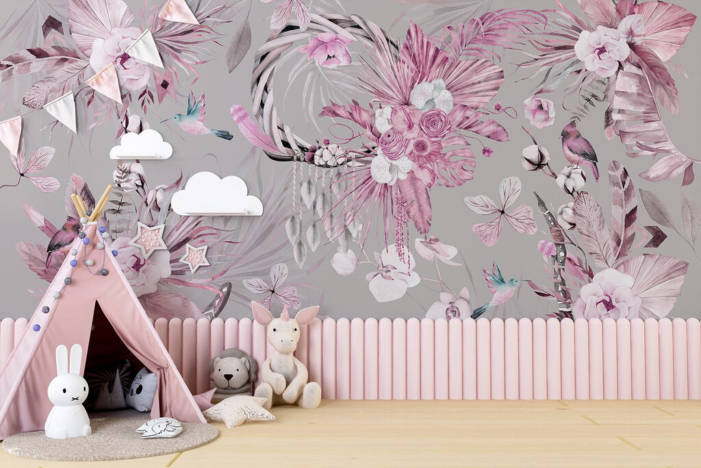 Wallpaper with flowers and feathers