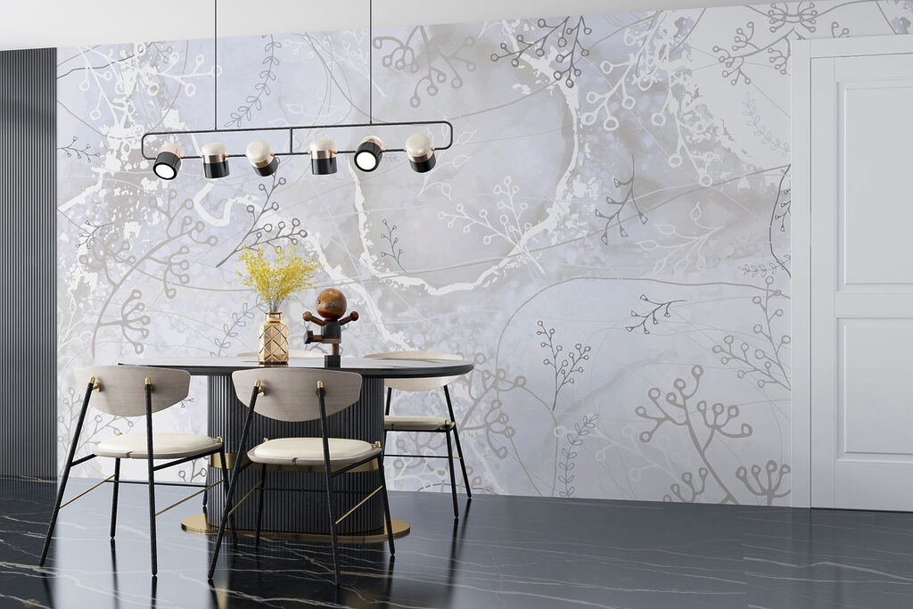 White and gray background with white and gray floral designs