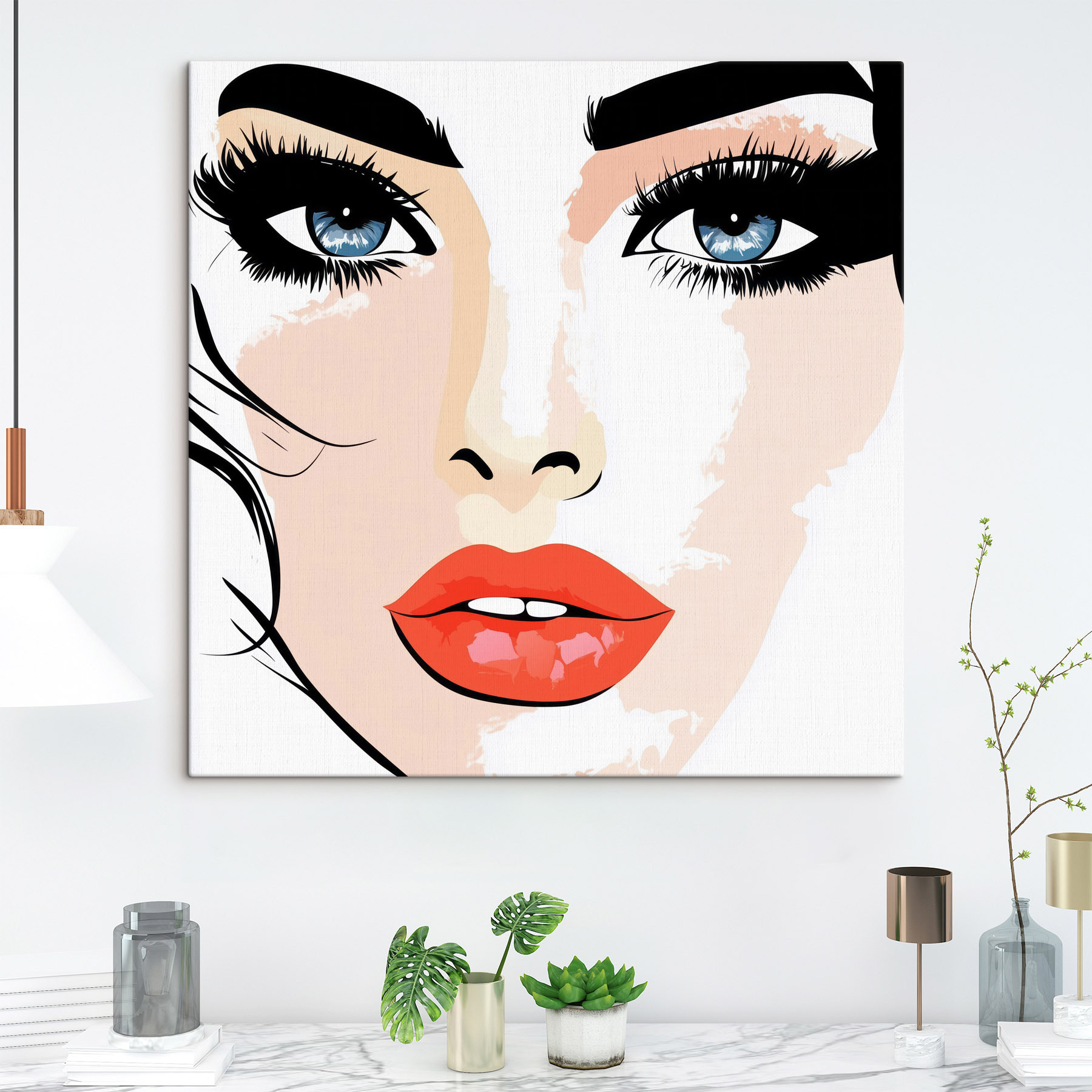 Woman's face with makeup and red lips Woman's face with makeup and red lips