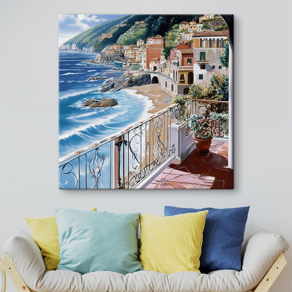 Balcone con vista sulla spiaggia e sulla città Quadri Balcone con vista sulla spiaggia e sulla città