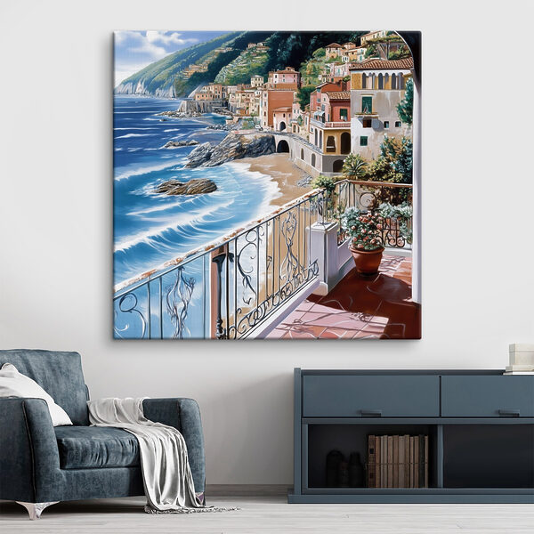Balcony overlooking a beach and a town