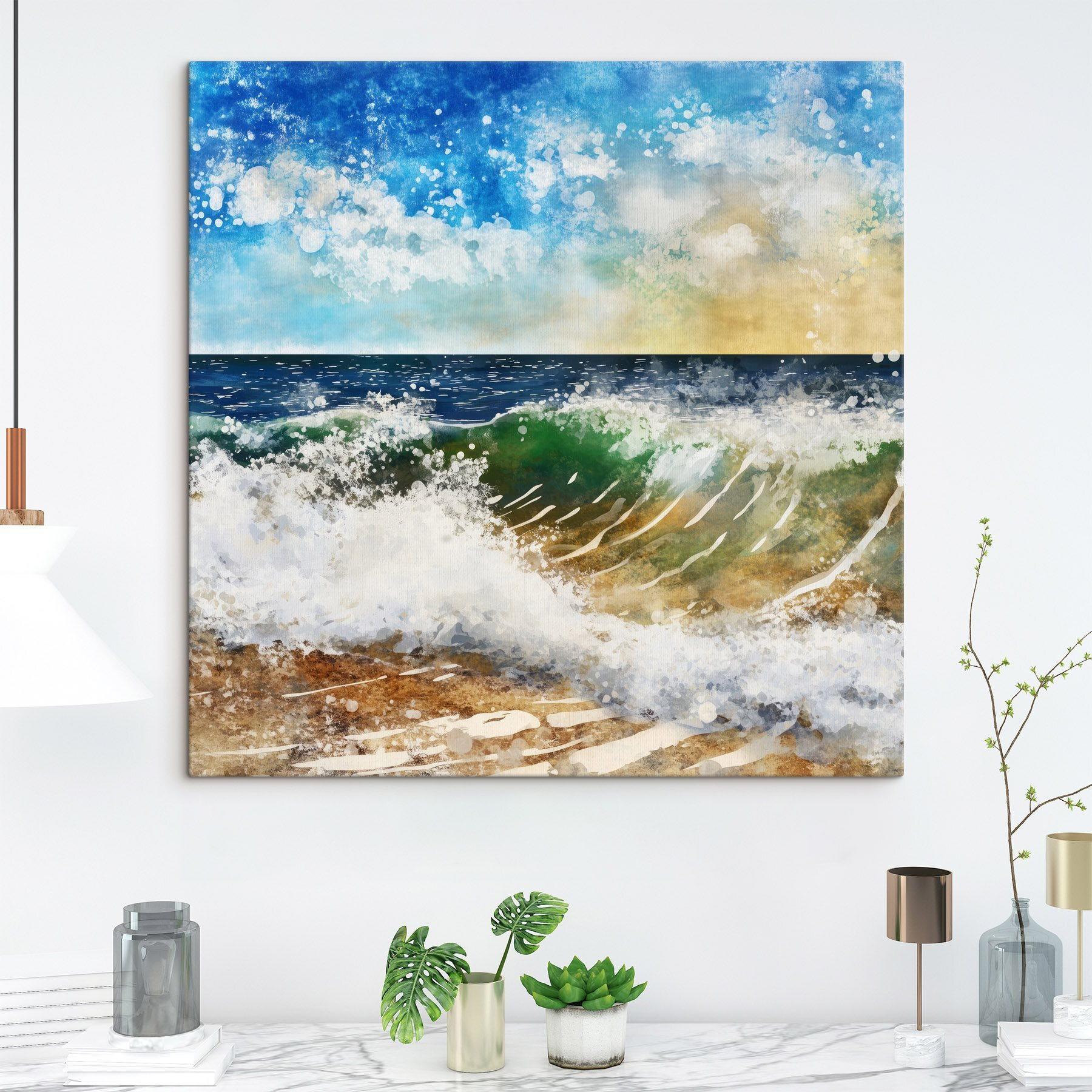 Watercolor of waves crashing on a beach Watercolor of waves crashing on a beach