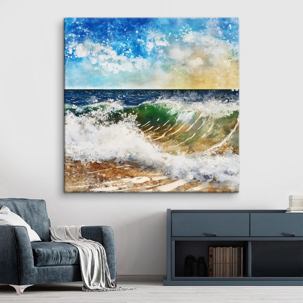 Watercolor of waves crashing on a beach Watercolor of waves crashing on a beach