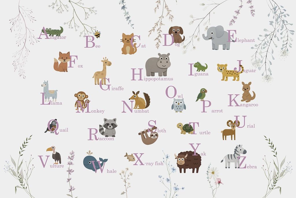 Carta da parati con animali e lettere Carta da parati con animali e lettere