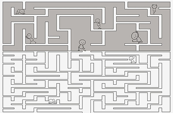 Gioco del labirinto con personaggi dei cartoni animati che camminano sul terreno Gioco del labirinto con personaggi dei cartoni animati che camminano sul terreno