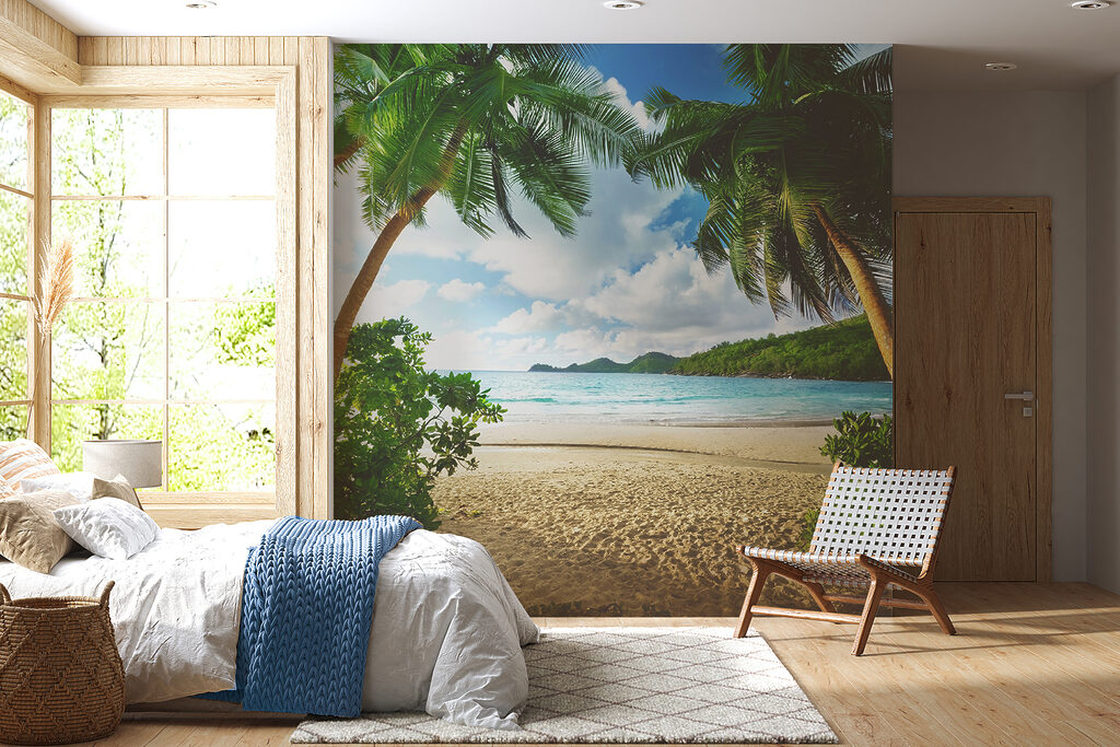 Beach with palm trees and blue water Beach with palm trees and blue water