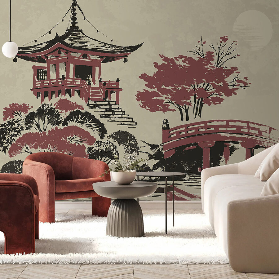 Il dipinto di una pagoda e di un ponte