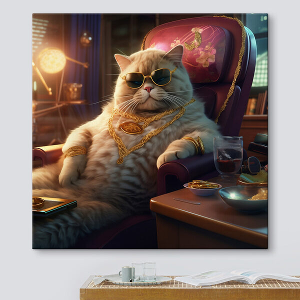 Cat wearing sunglasses and a necklace sitting in a chair